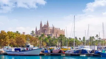 Puerto mar&iacute;timo de Palma de Mallorca con la catedral de fondo