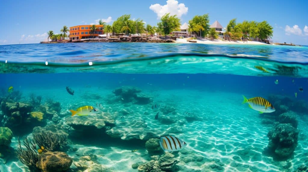 Cozumel Island in Mexico seen from the crystal clear water with fish swimming, is one of the ideal places to stop on a romantic cruise.