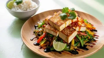 A wooden plate with a serving of Asian tofu stir-fry, topped with sesame seeds, cilantro, and a lime wedge, accompanied by colorful vegetables and a drizzle of sauce. The perfect Asian recipe.