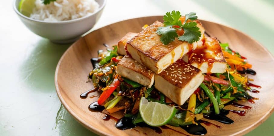A wooden plate with a serving of Asian tofu stir-fry, topped with sesame seeds, cilantro, and a lime wedge, accompanied by colorful vegetables and a drizzle of sauce. The perfect Asian recipe.